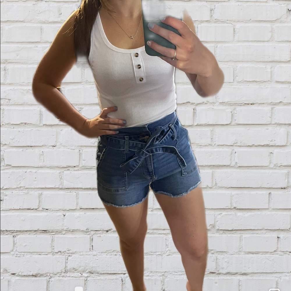 High rise paper bag shorts